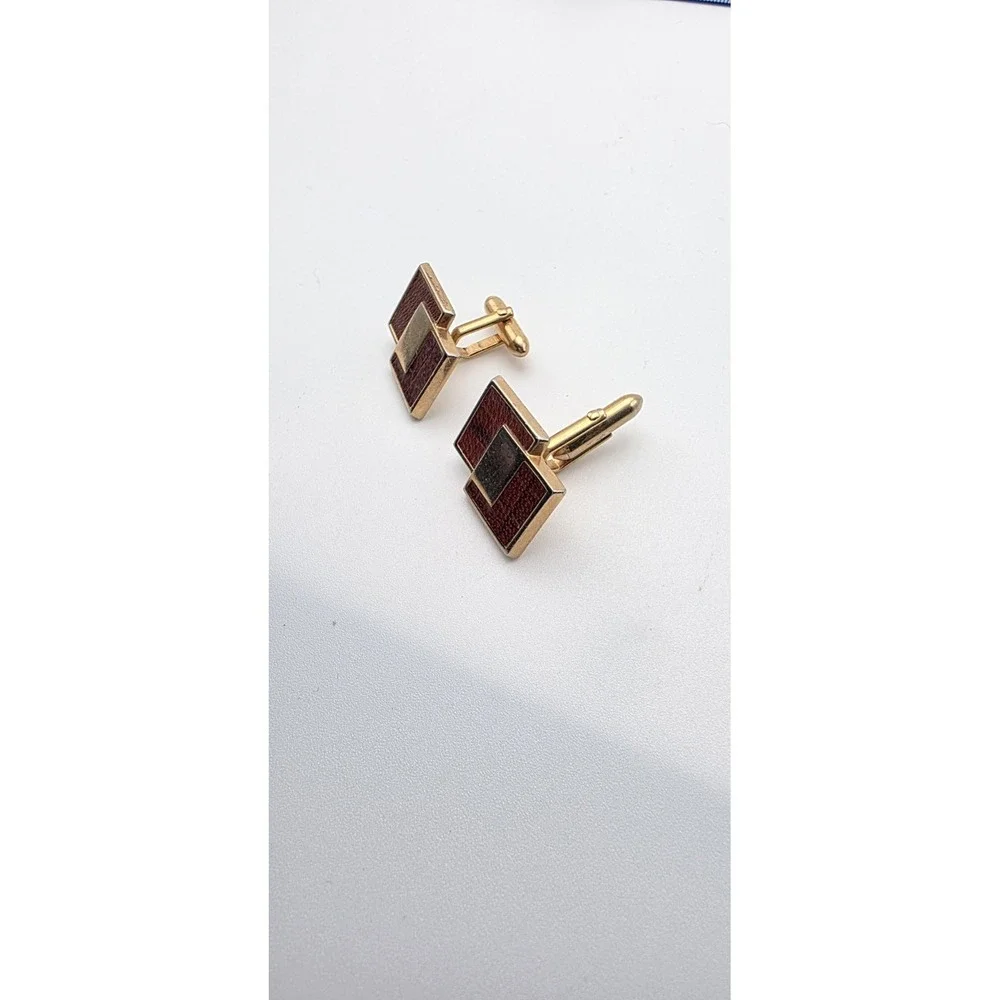 Vintage‎ SWANK CuffLinks & Tir Clip Bar Set 1950s Brown Leather Inlayed in Brass